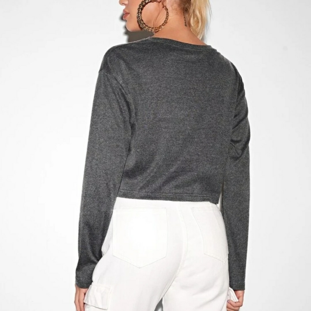 ♡ SKELETON GRAPHIC PRINT CROPPED TOP | Sweatshirt Top Marble Grey Sm - Picture 2 of 6
